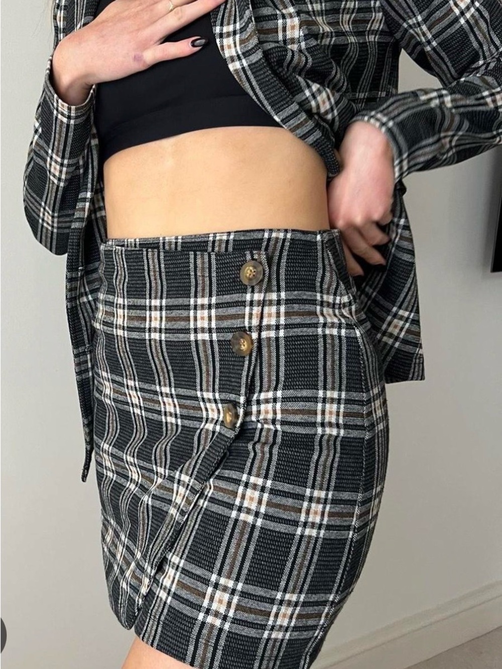 Hollister Plaid Mini Skirt Medium Black Brown Button Front Slit Y2K